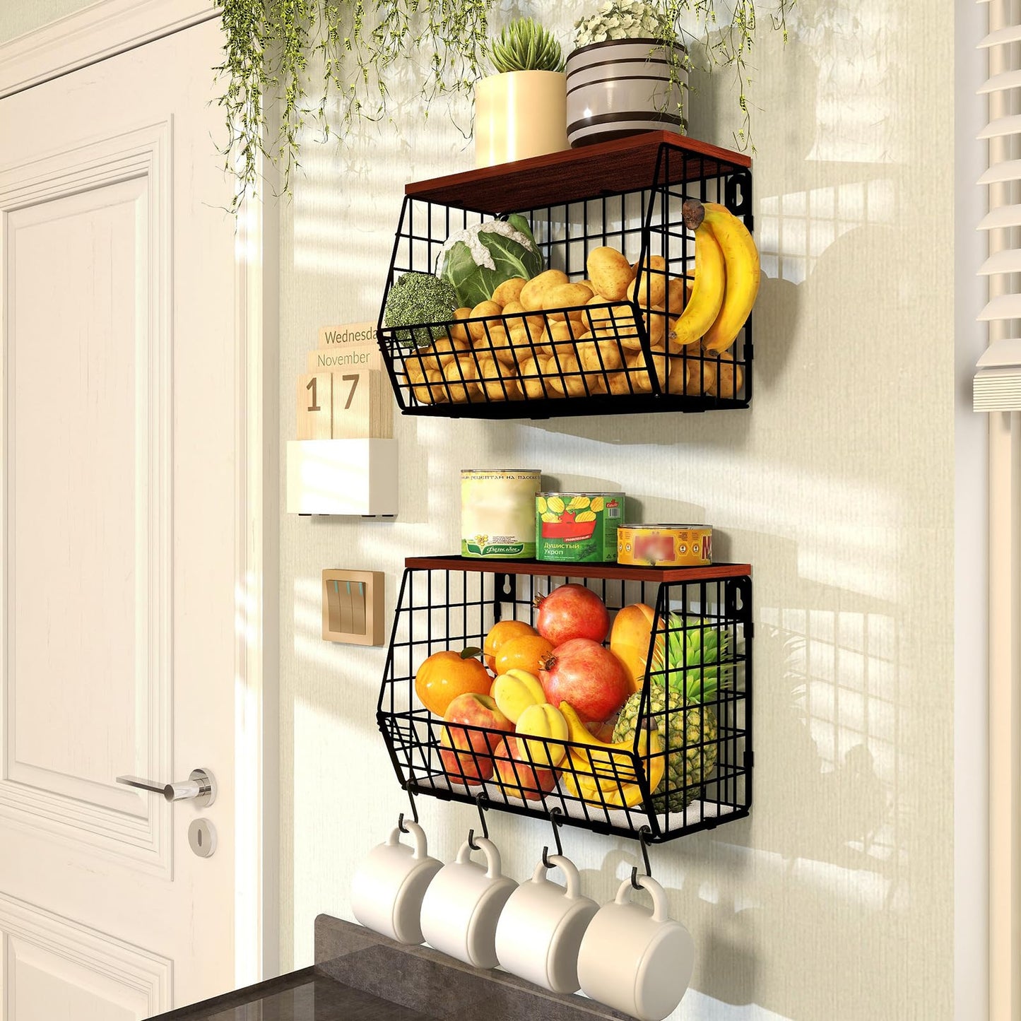 Mefirt Fruit Bowl, Fruit Baskets for Kitchens, Hanging Rack with Banana Hanger can as Kitchen Storage, Vegetable Rack Wall & Stackable Storage Baskets