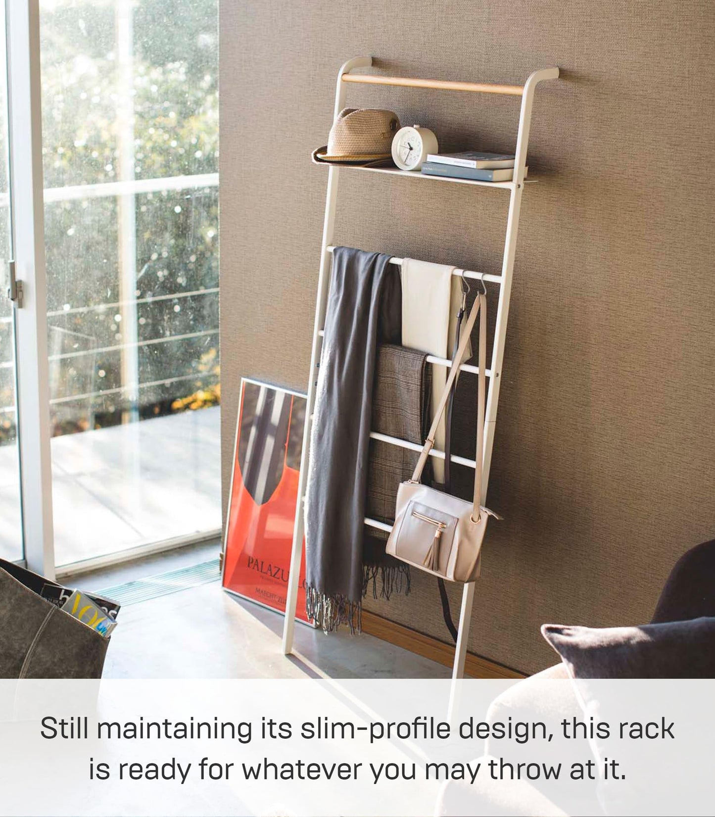 Yamazaki 3871 TOWER Ladder Hanger with Shelf, White, Steel/Wood, Minimalist Design, 66 x 30～38 x 160 cm (LxWxH)