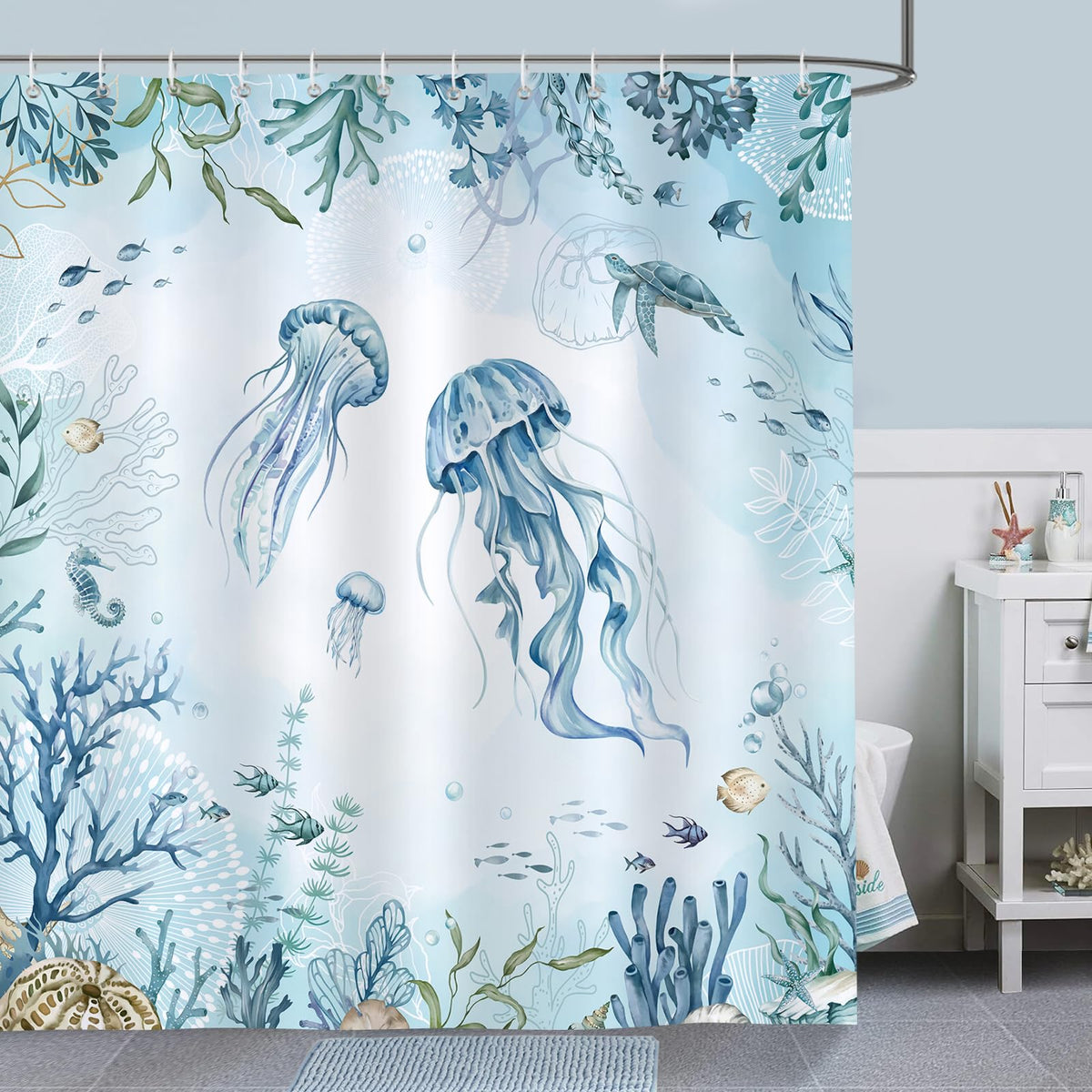 Bonhause Jellyfish Shower Curtain Blue Ocean Beach Coastal Bathroom Curtain 180 x 180 cm Waterproof Mildew & Mould Resistant Polyester Fabric Bath