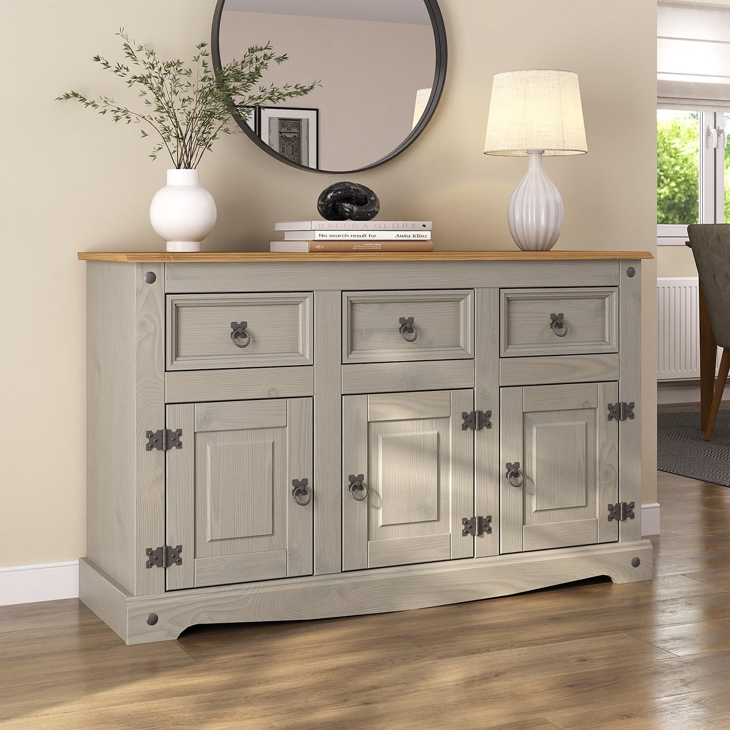 Corona Grey Sideboard 3 Door 3 Drawer Large Solid Mexican Pine Wooden Cabinet with Gunmetal Hardware W 125 cm x D 40 cm x H 76 cm