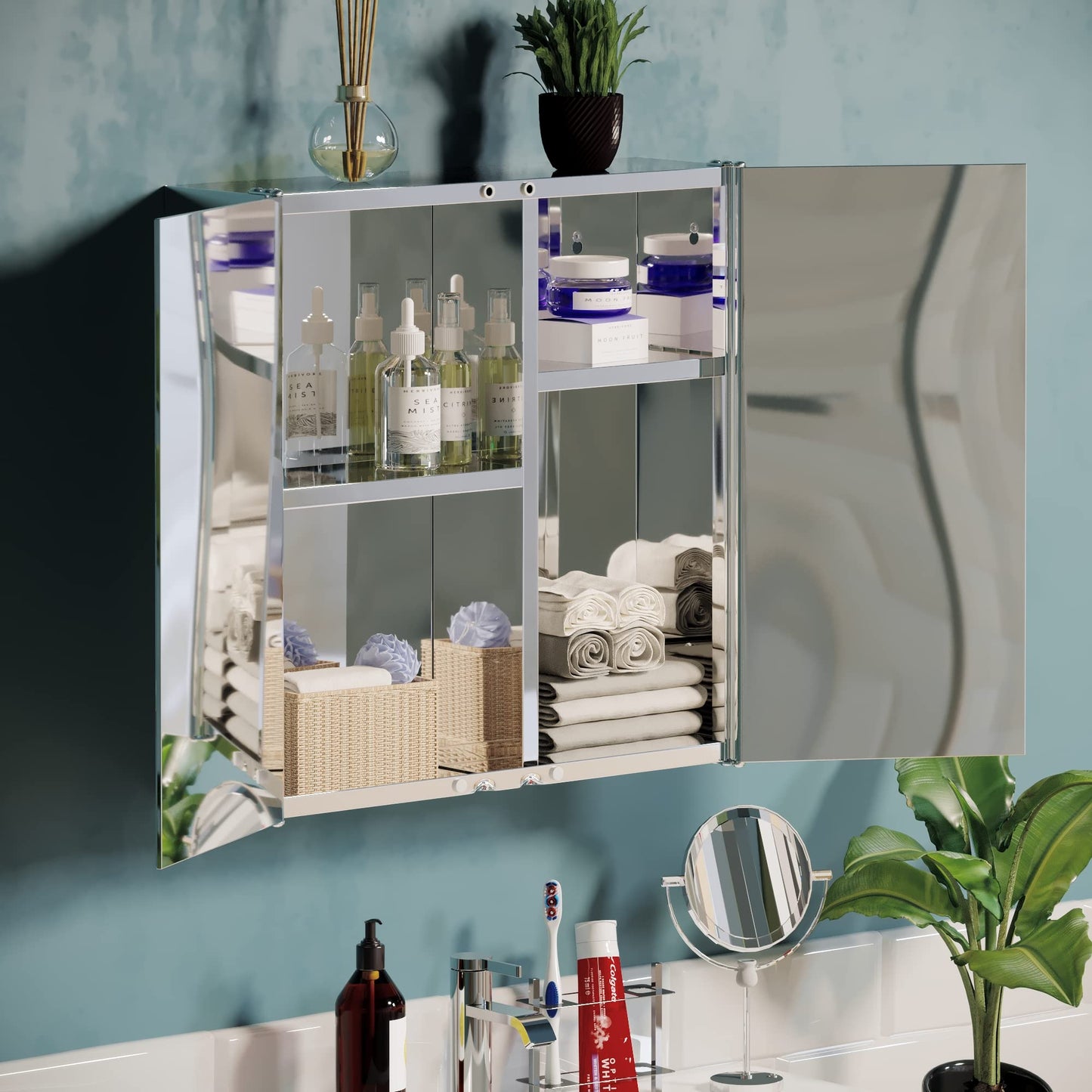 Bath Vida Tiano Bathroom Cabinet Double Mirror Wall Mounted Stainless Steel Modern Storage Cupboard