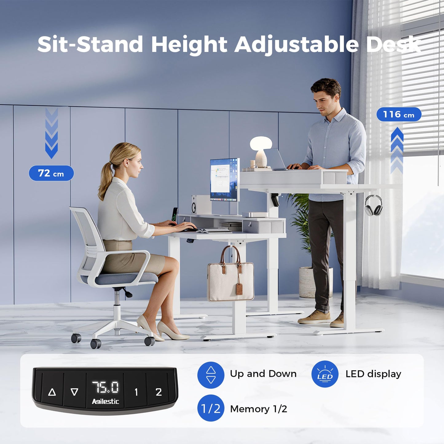 Agilestic Electric Adjustable Height Desk, with 2 Fabric Drawers, 140x60cm