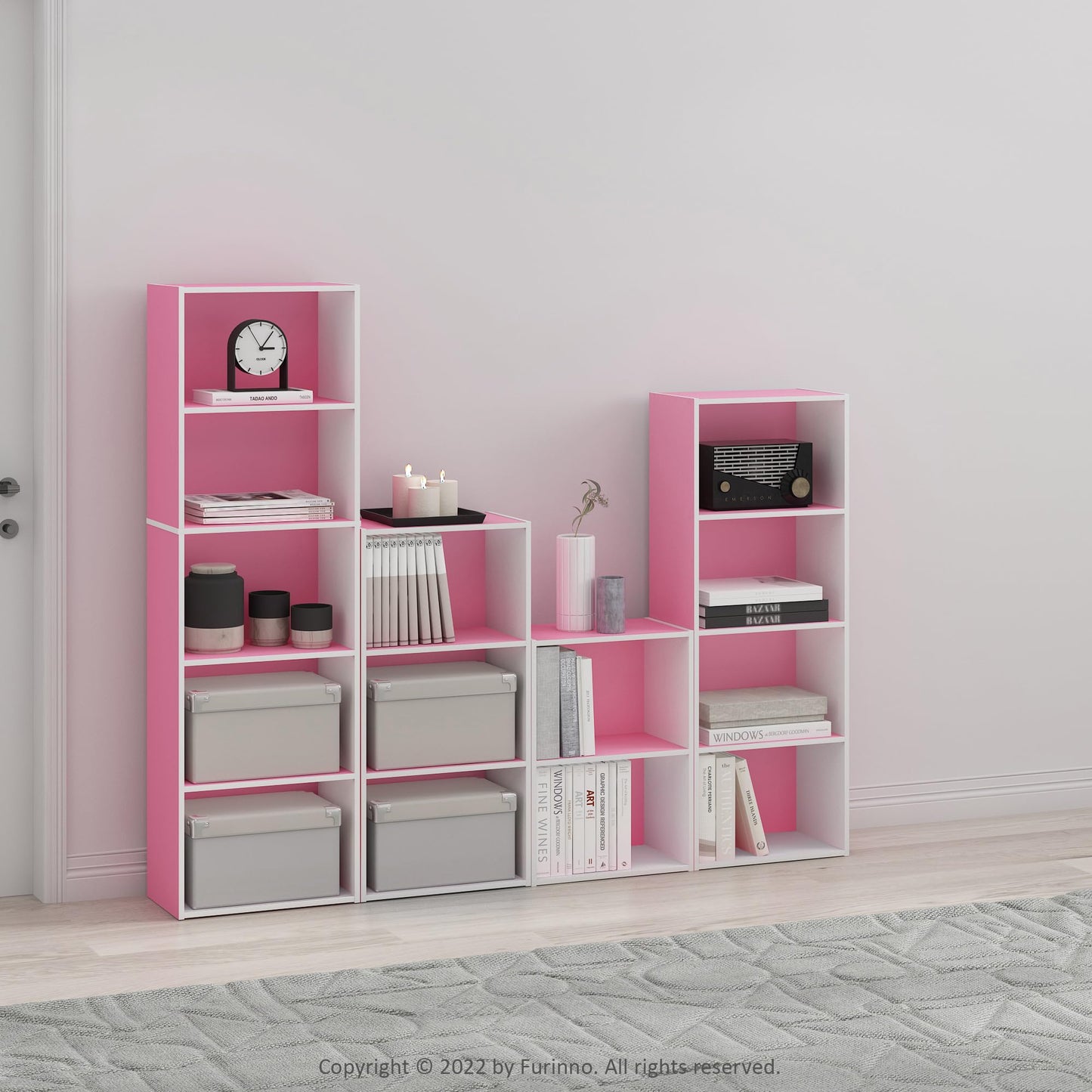 Furinno LUDER Book Shelf, 4-Tier Bookshelf, Bookcase with Open Shelf, 9.3 x 15.6 x 41.7, for Living Room, Bedroom, Home Office, Pink/White