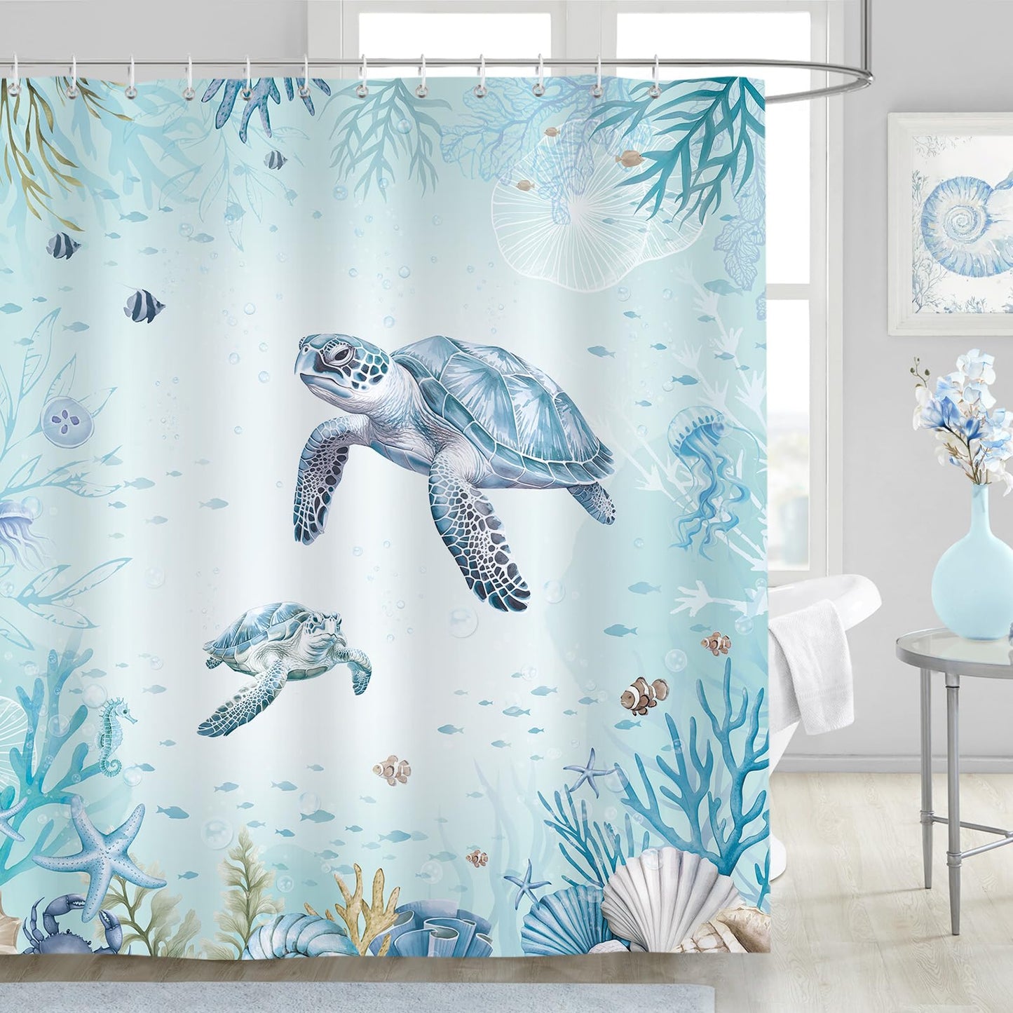 Dazzlewall Sea Turtle Shower Curtain, Teal Blue Nautical Ocean Beach Waterproof Bathroom Curtain 180x180cm, Mildew & Mould Resistant Polyester Fabric