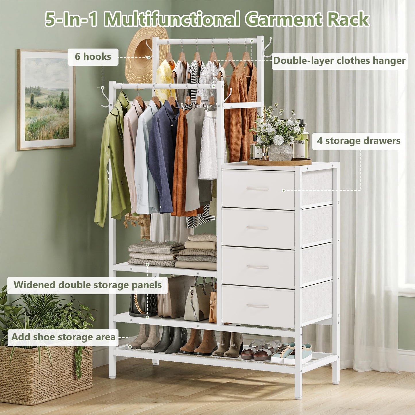 Feonase 3 in 1 Chest of Drawers Bedroom, Including 4 Fabric Drawers, with a 2 Coat Rail and 5 Coat Hooks