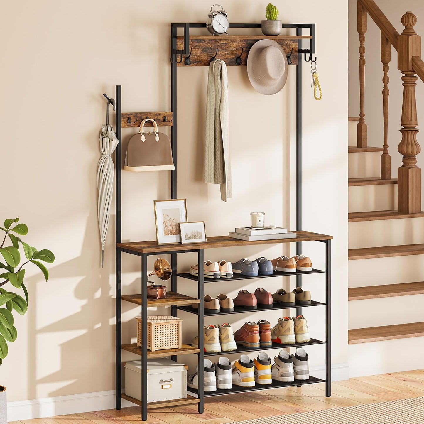 HOOBRO Coat Stand, Coat Rack with Shoe Storage, Hallway Coat and Shoe Rack, Hall Tree with 4 Side Storage Shelves and 9 Coat Hooks, for Entryway