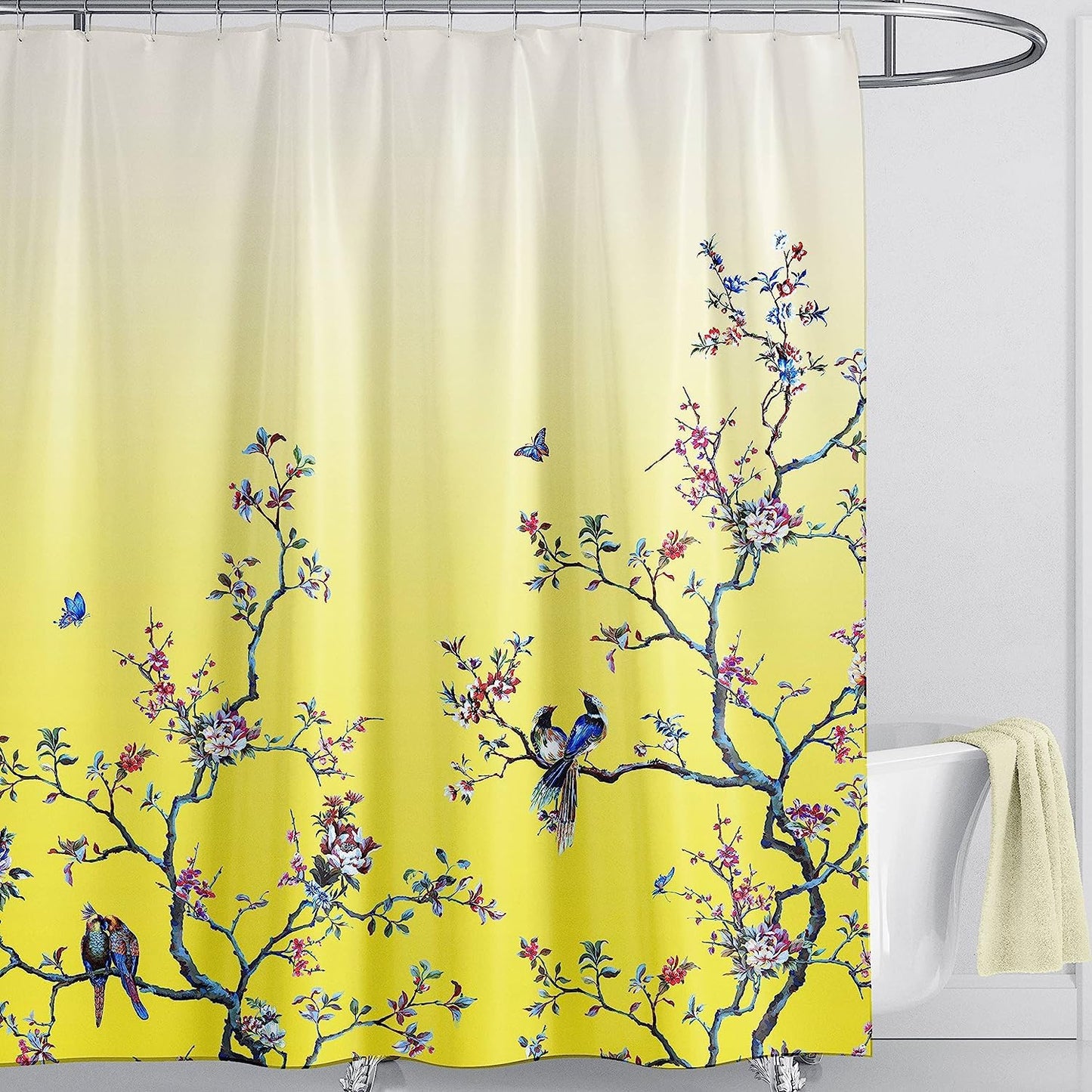 LIVETTY Yellow Bird Floral Shower Curtain 180cm ? 200cm Mould Proof Butterfly Fabric Bathroom curtain For Women & Men With 12 Hooks Washable