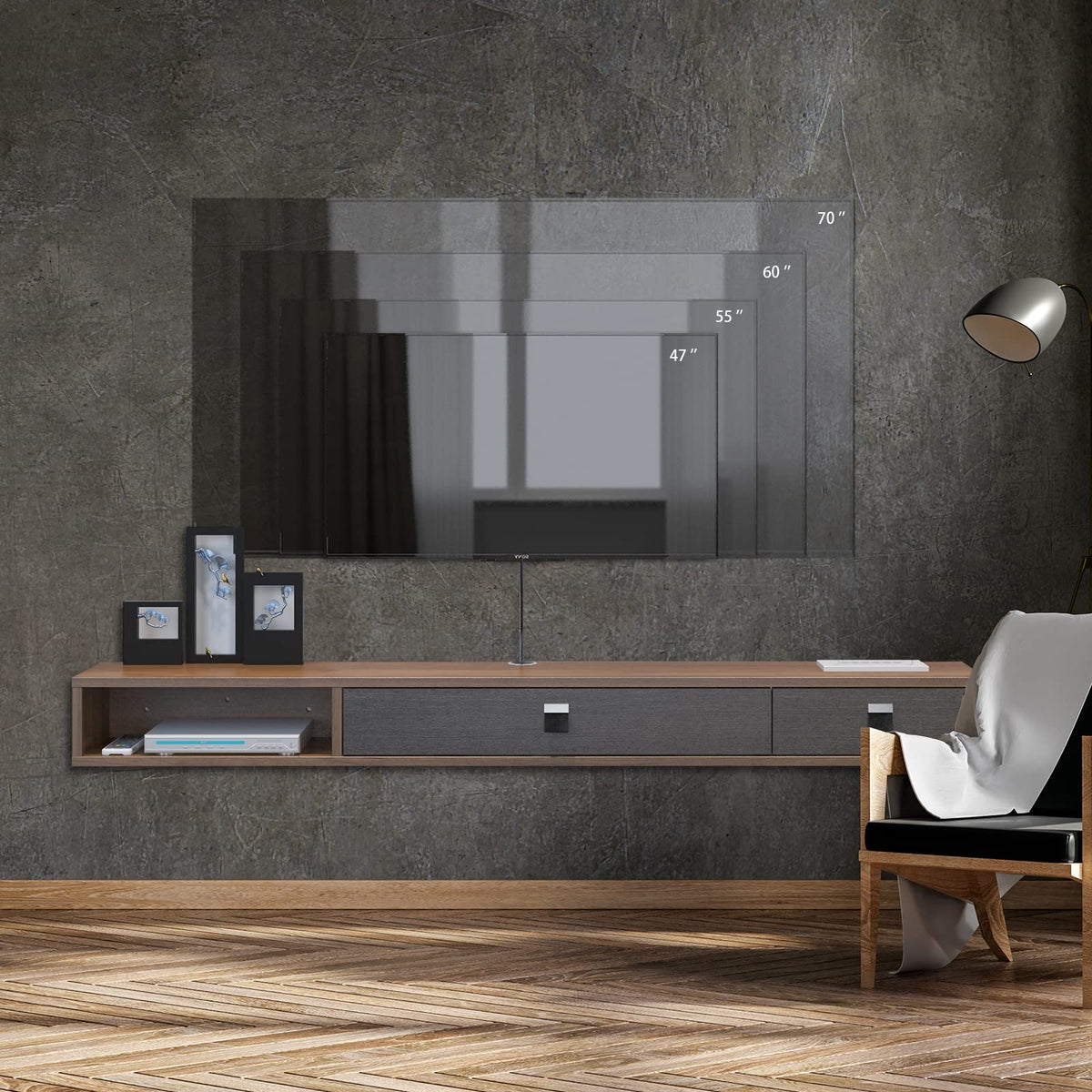 Pmnianhua Floating TV Unit, 71'' Wall Mounted TV Cabinet, Floating Shelves with 2 Doors