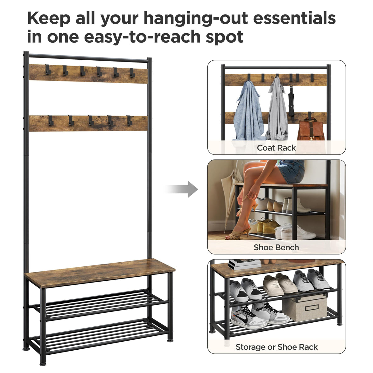 Yaheetech 3-in-1 Coat Rack Shoe Bench Industrial Hall Tree, Rustic Brown