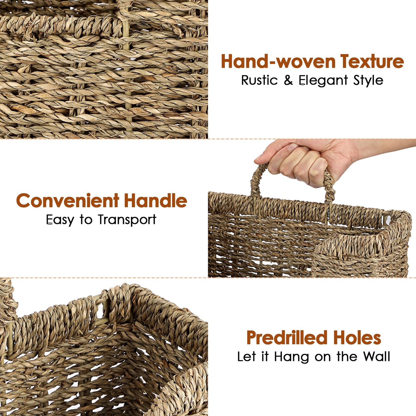 BSTKEY Seagrass Wall Mounted Mail Organizer with Handle, 30.5 * 11 * 20cm
