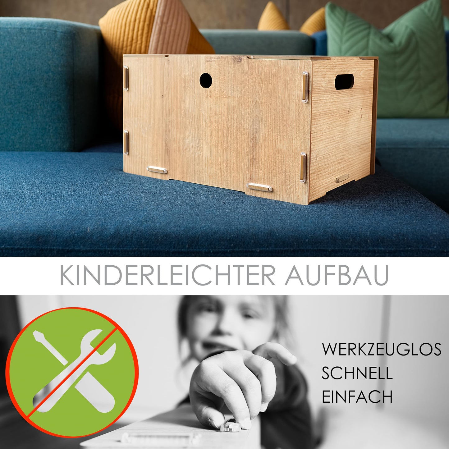 clipfritz Toy Box with Lid, Stackable, MDF, 40 x 30 x 23 cm, Wooden Storage Box