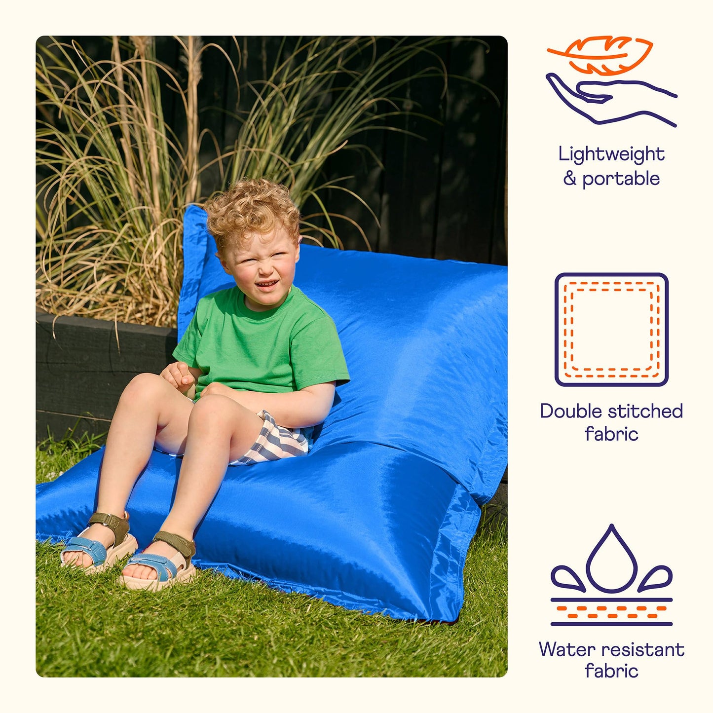 Bean Bag Bazaar Kids Bean Bag, Blue, Indoor Outdoor Water-Resistant Fabric, Beanbag with Filling Included, 120cm x 100cm, Outdoor Floor Cushion, Kids