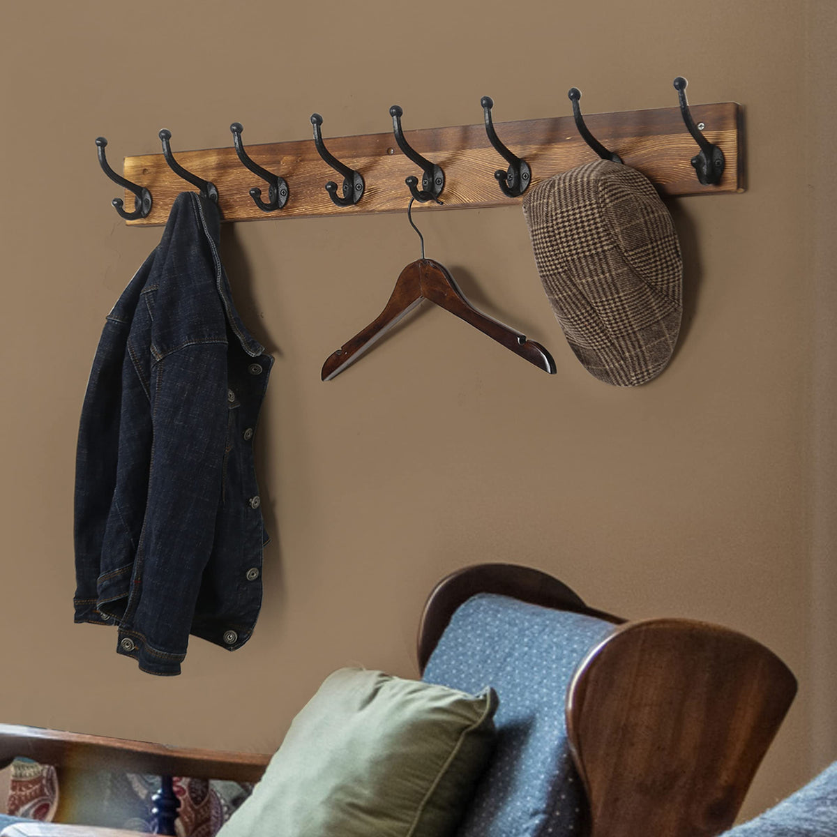 WEBI Rustic Coat Rack Wall Mount Long 8 Cast Iron Coat Hooks Wall Mounted,Heavy Duty Wall Coat Hanger Hooks for Hanging Coats,Clothes,Brown,2 Packs