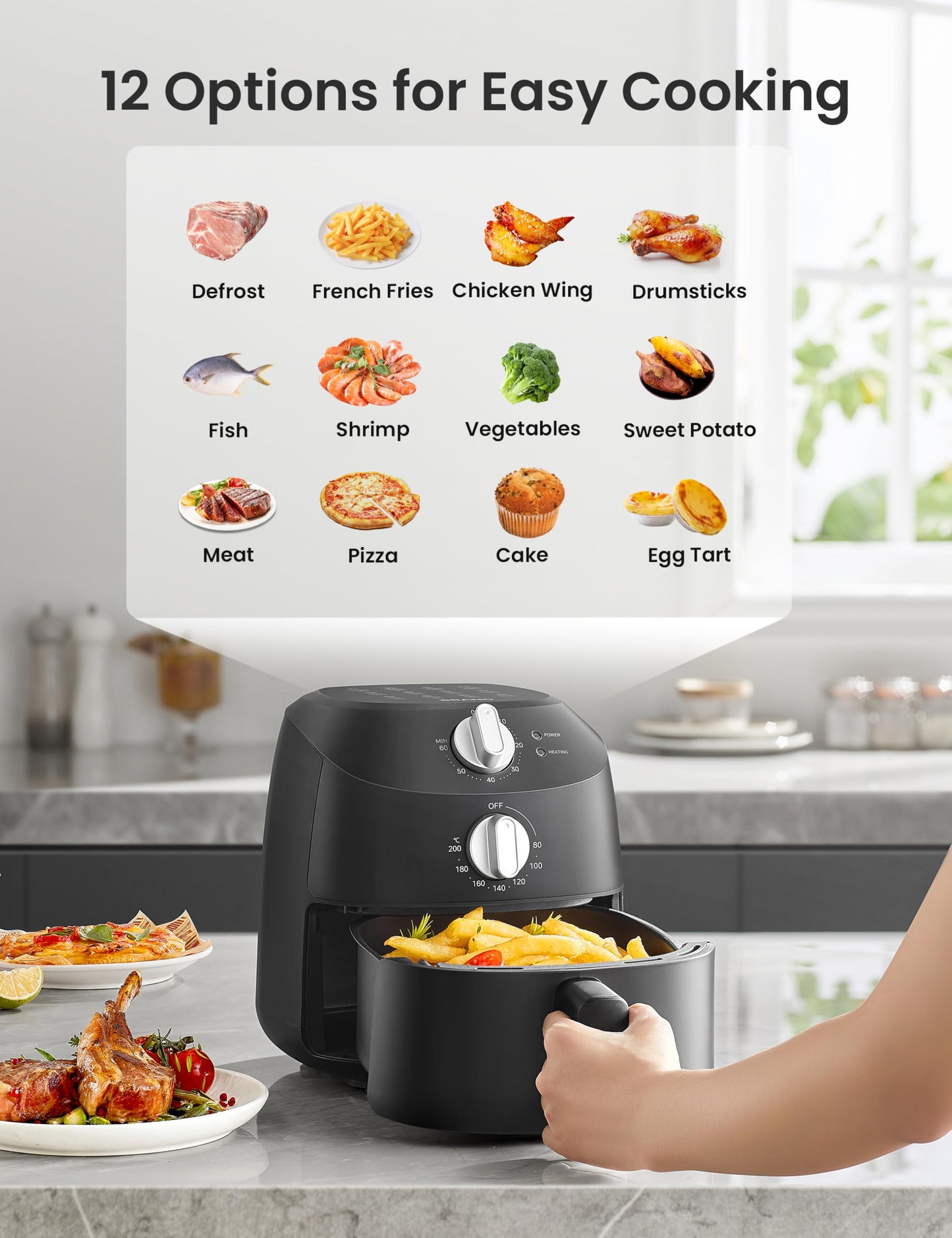 Midea Small Air Fryer, 1150 Watt, 2L Airfryer, Temperature Control, Timer, Indicator Light, BPA-Free, Black