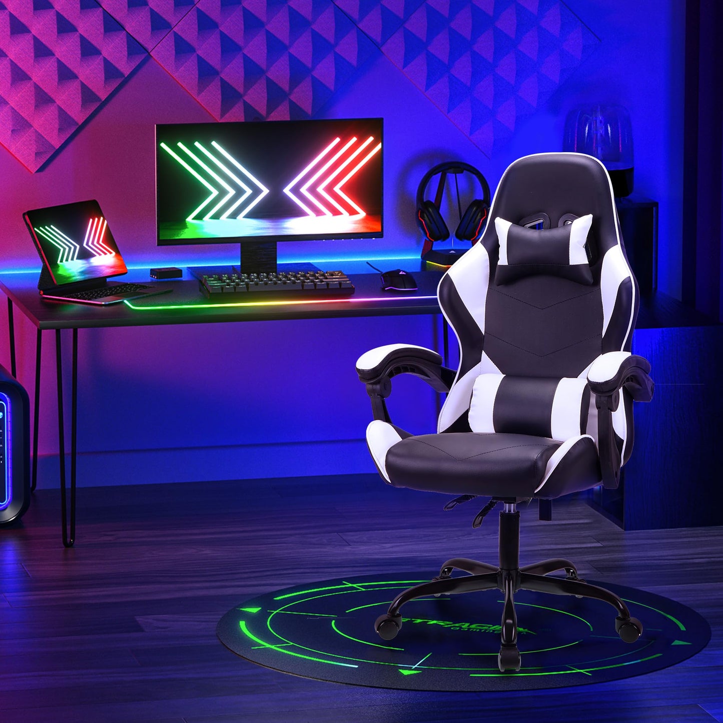 T-THREE.Ergonomic high-back gaming, computer, office, study, swivel, and racing-style chair with adjustable lumbar and headrest support, 150kg weight