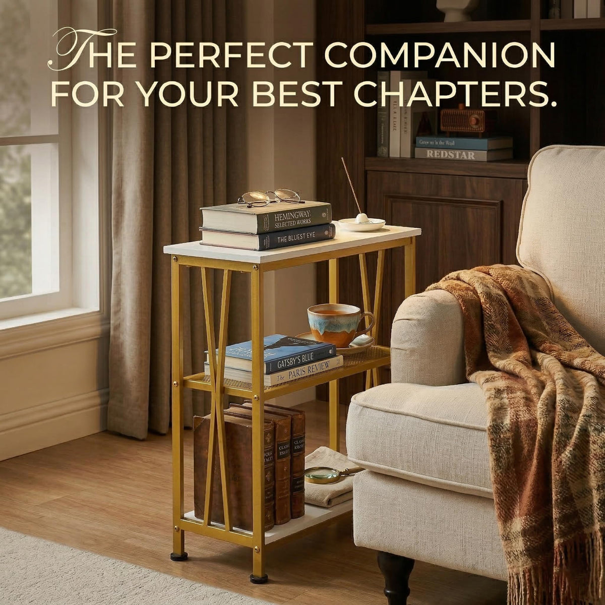 GIOPACO Narrow Side Table,20" Long End Table with 3 Tier Storage Shelves, Small Hallway Table
