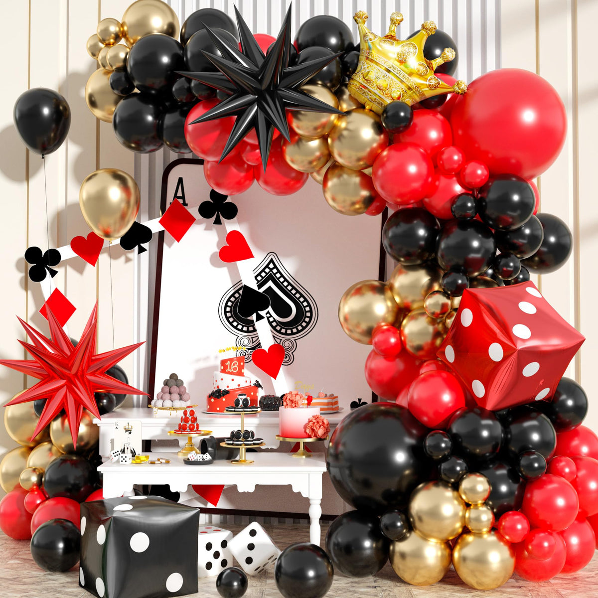 Casino Theme Balloon Arch Kit, 104 Pcs Red Black and Gold Metallic Latex Balloon Garland Kit with Dice Crown Explosion Star for Women Men Casino Night