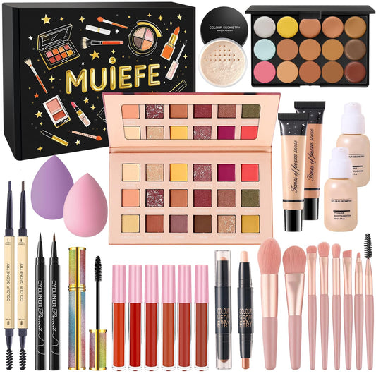 Muiefe Makeup Set, All in One Make Up Starter Kit, Cosmetic Makeup Bundle Include Eyeshadow Palette Foundation Lip Gloss Concealer Eyeliner Mascara,