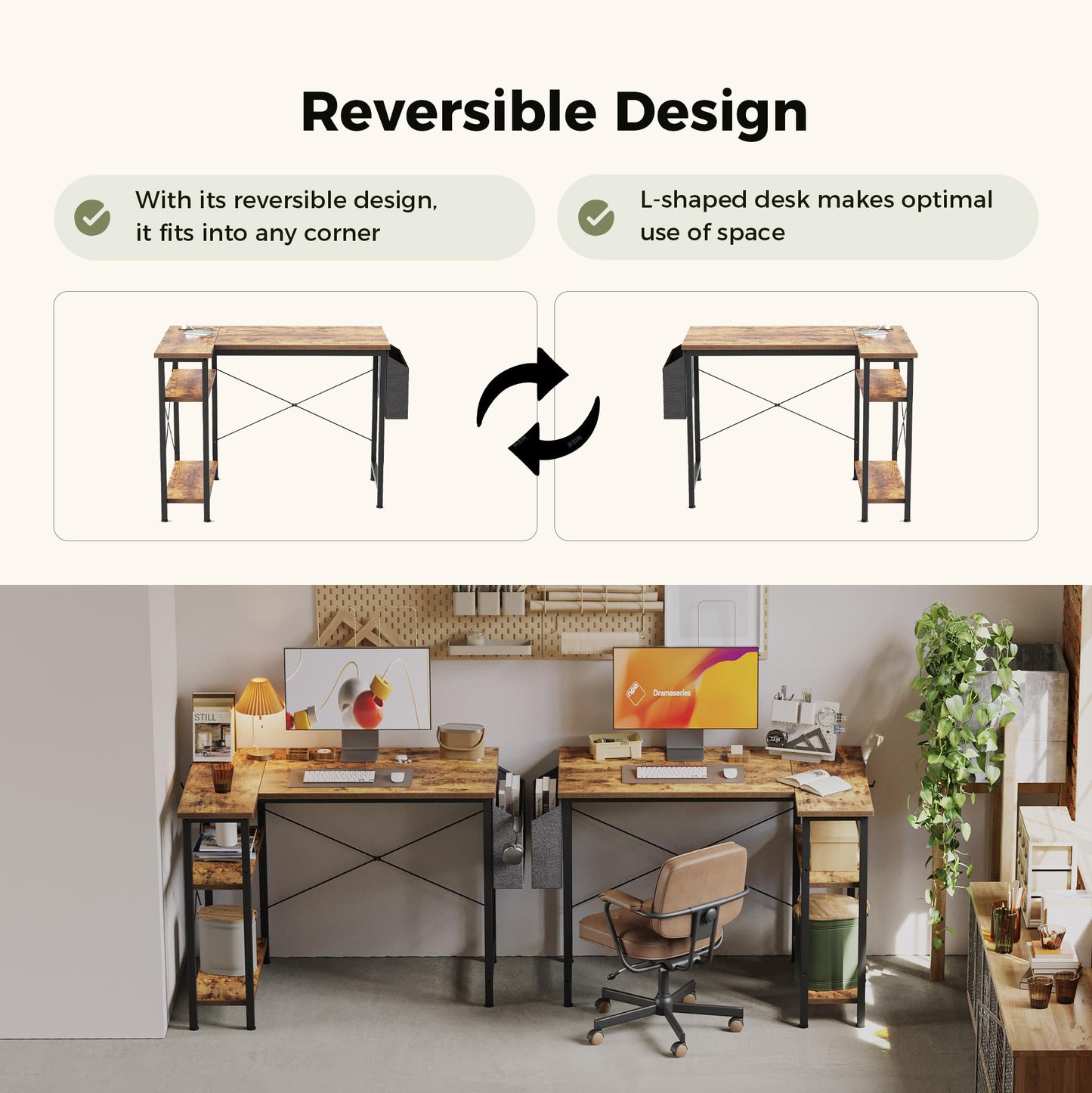 Mericonia Reversible Corner Desk, w. Power Outlets, 120x70cm, Brown