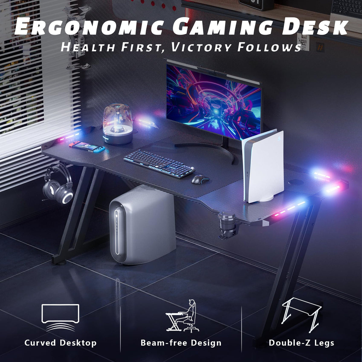 DLONGONE 140 x 60cm RGB Gaming Desk, Large Gaming Table for Laptop, Home Office Desk with Carbon Fiber Coated, Gaming PC Desk with Headphone Hook and