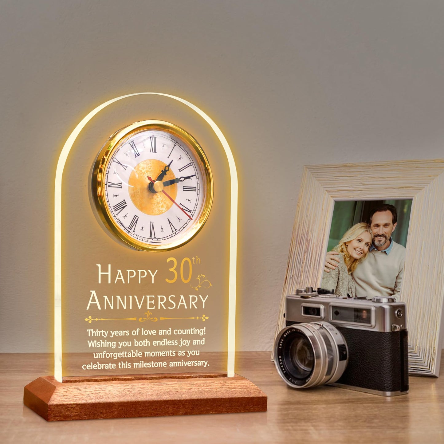 OkiyiD 30th Anniversary Wedding Gifts for Couples, 30 Years of Marriage, Light Up Anniversary Quartz Clock With LED Wooden Base for Home Decor,30th