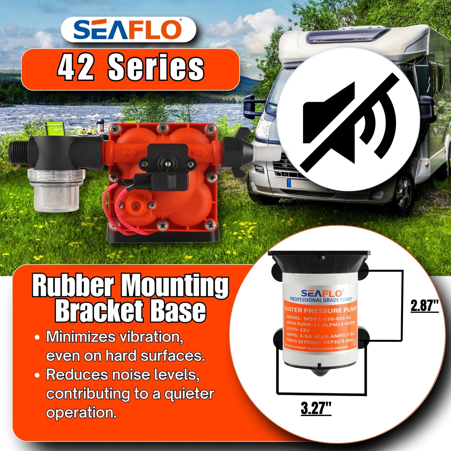 Seaflo 42 Series Diaphragm Pump with Bypass for Reduced Cycling 12V/24V 3.0GPM 55PSI (12 Volts)