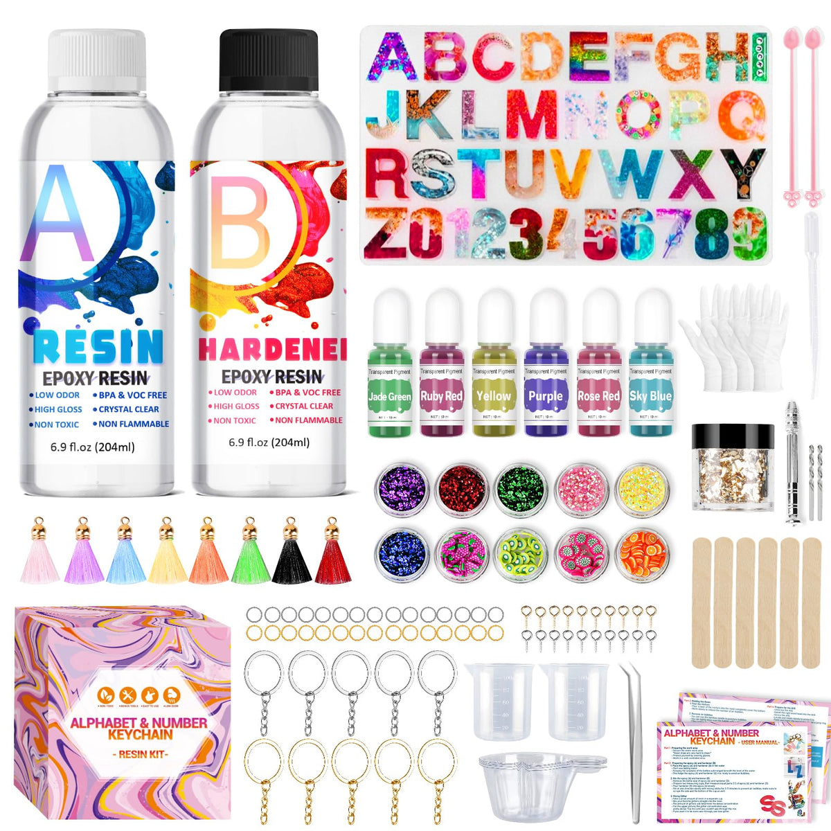 Insnug Epoxy Resin Kit for Beginners, 111PCS Keyring Making Kit Silicone Letter Number Resin Moulds, Clear Epoxy Resin and Accessories, Resin Art Kit