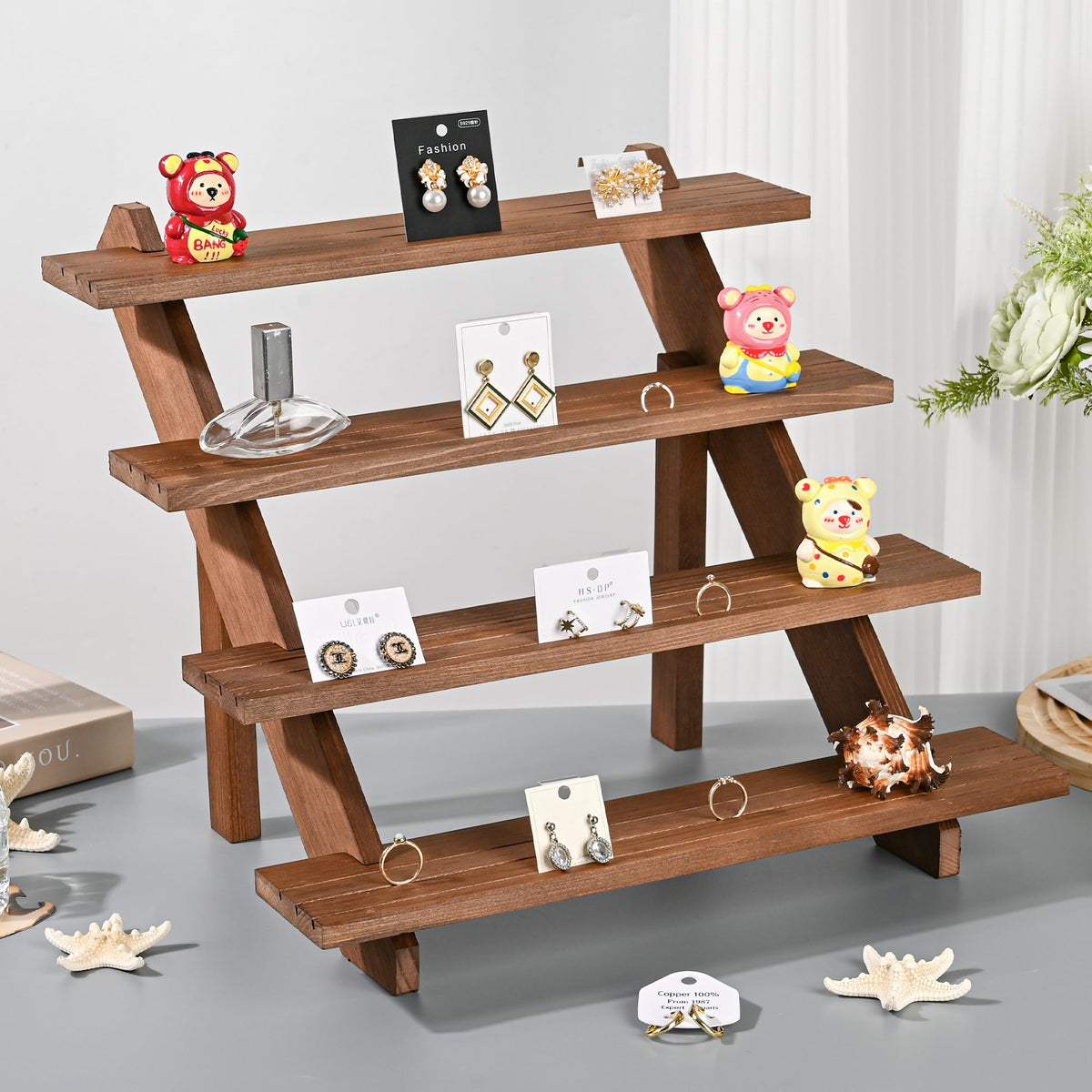 LEXFUNN Wooden Jewellery Display Rack Stand Earring Stall Stand Organizer Shelf 3/4 Tier (4 Tier - Brown)