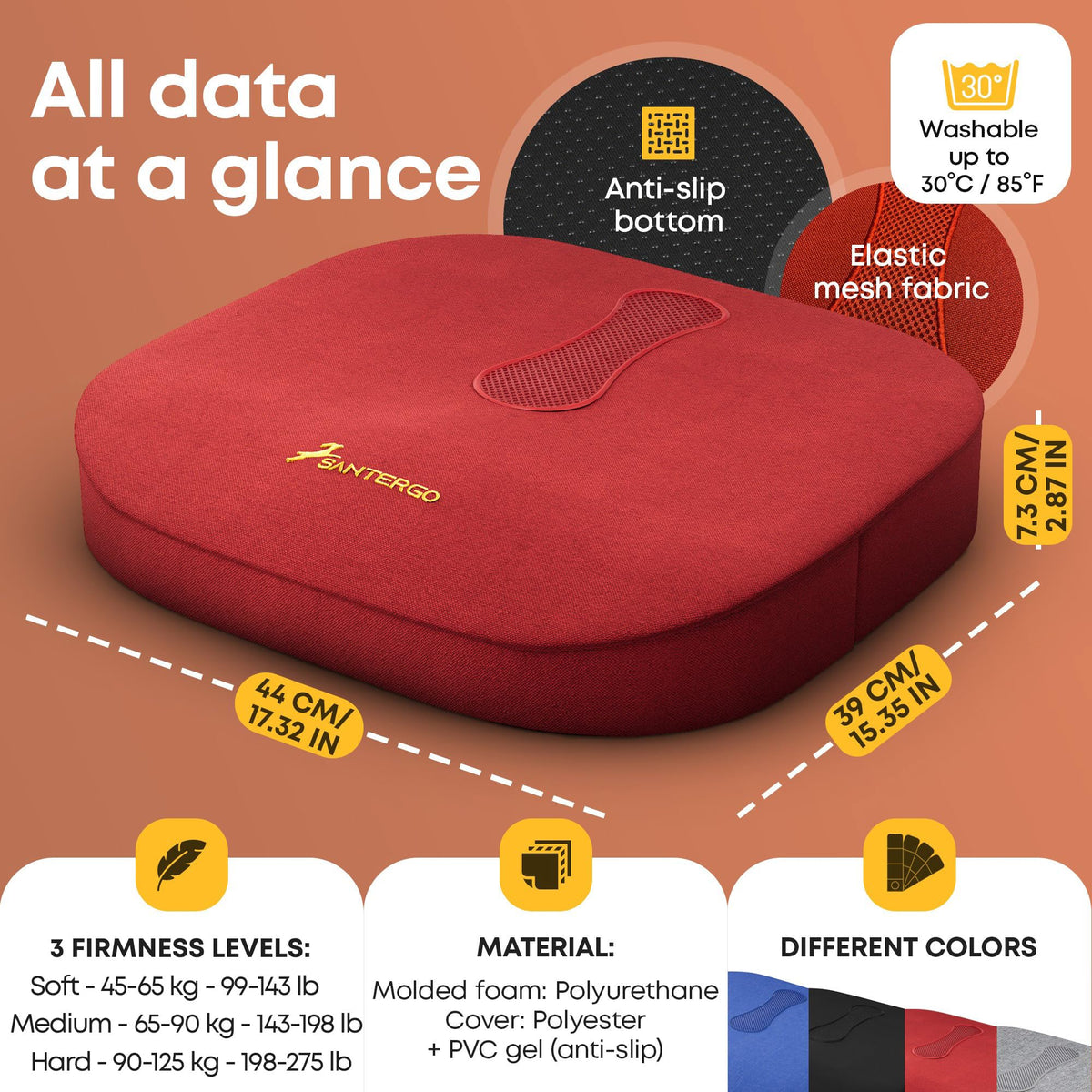 SANTERGO Orthopaedic Seat Cushion [Dimensionally Stable & Comfortable] - Seat Cushion for Office Chair and Car - Seat Cushion Chair, Seat Cushion