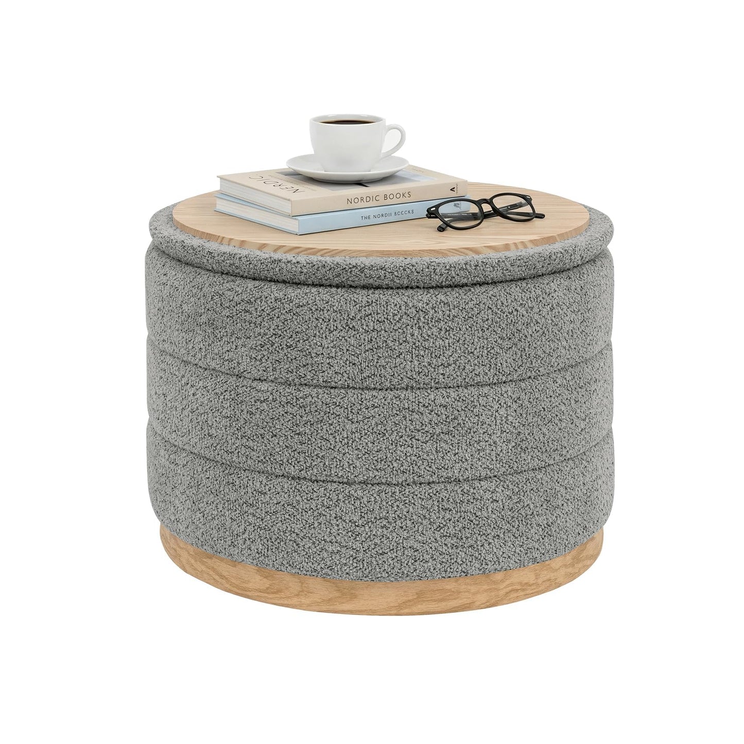 PINPLUS Round Chenille Storage Ottoman, Tray Top, 58x58x44 cm, Grey