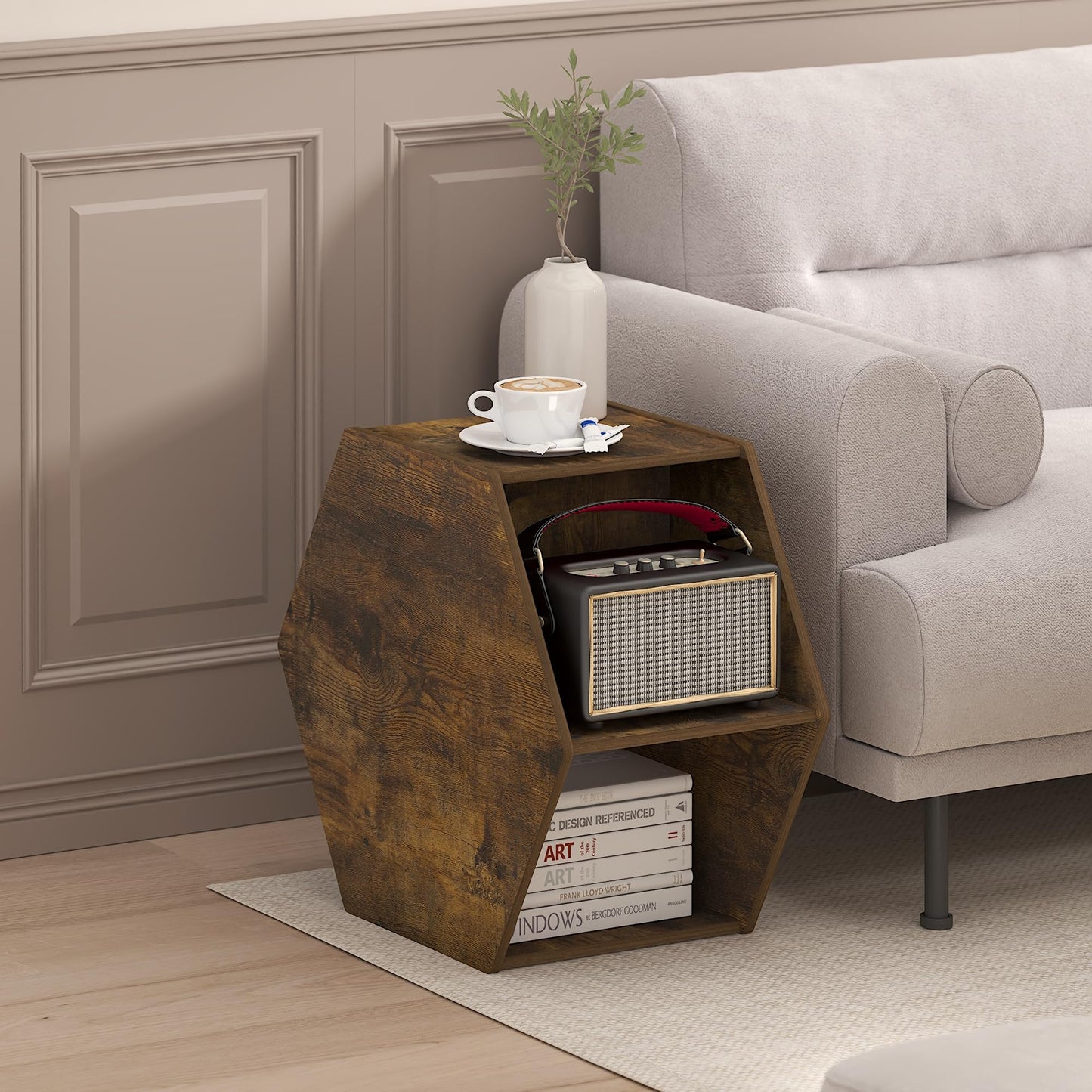 Furinno SIMPLE DESIGN Coffee Table, Hexagon Modern Coffee Table with Open Shelf, Vertical or Horizontal Side Table, for Living Room, Bedroom