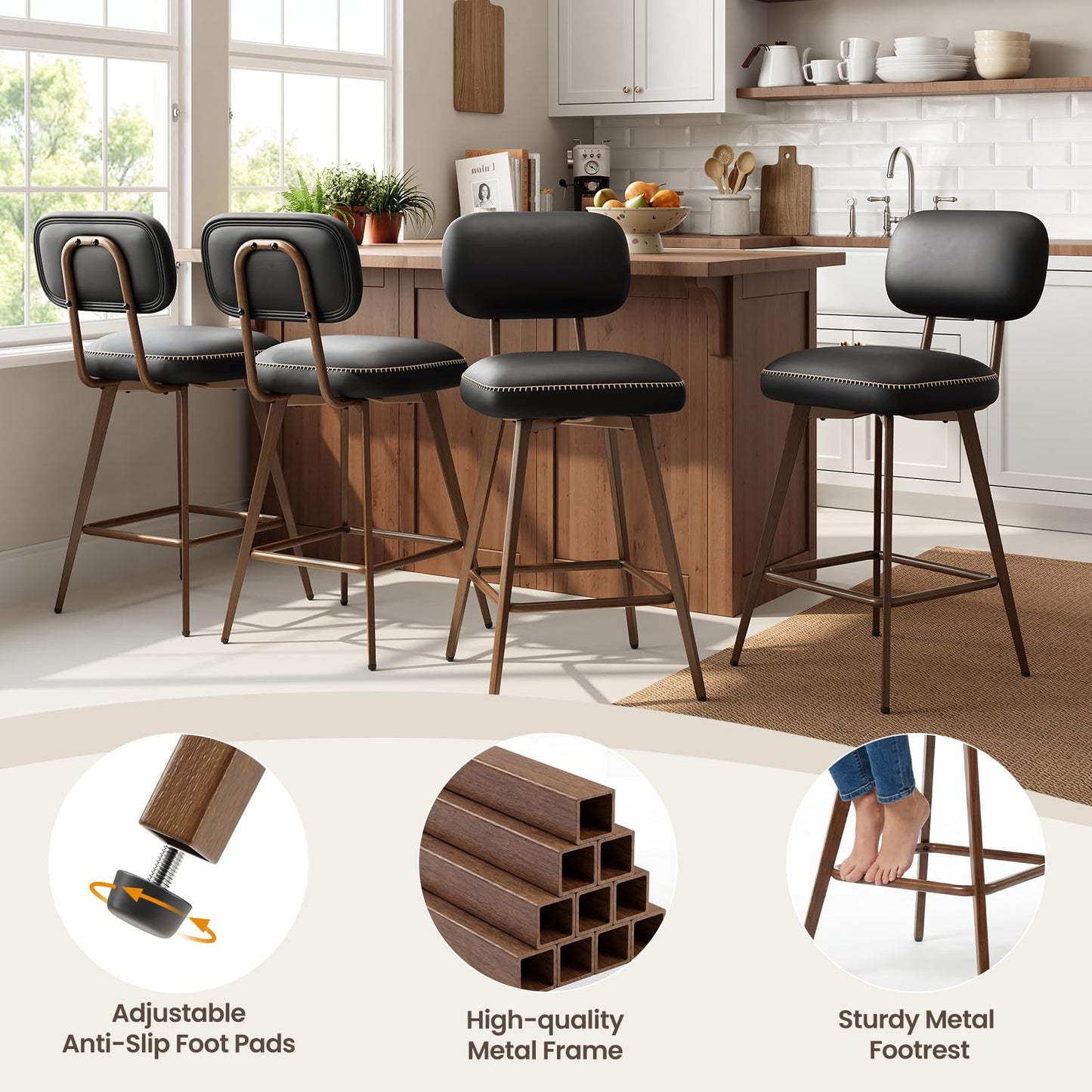 MALOL PU Leather Breakfast Bar Stools Set of 2, Swivel Kitchen Bar Chairs with Backrest and Metal Legs