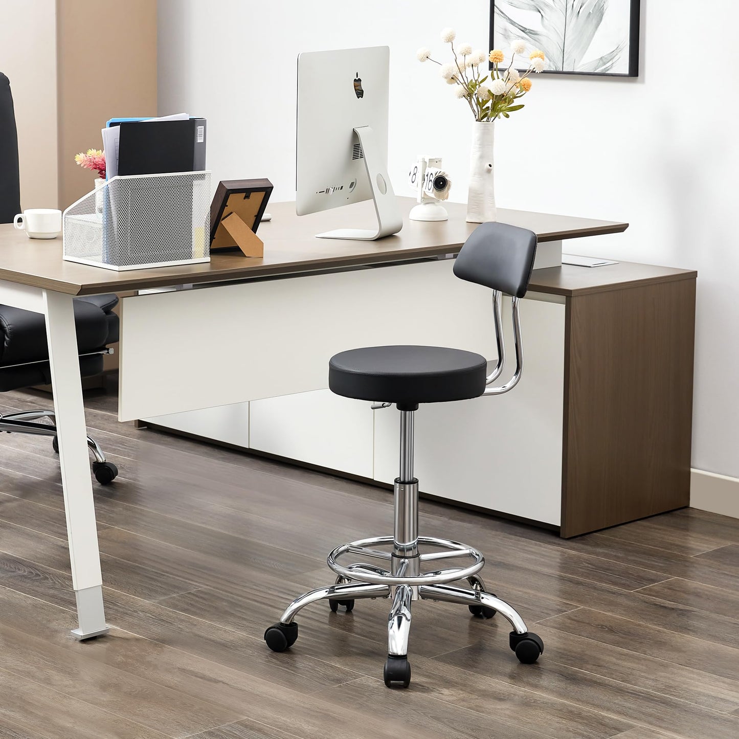 FIRAVOE Adjustable Rolling Office Stool Chair with Backrest and Footrest, Swivel Drafting Chair with Wheels