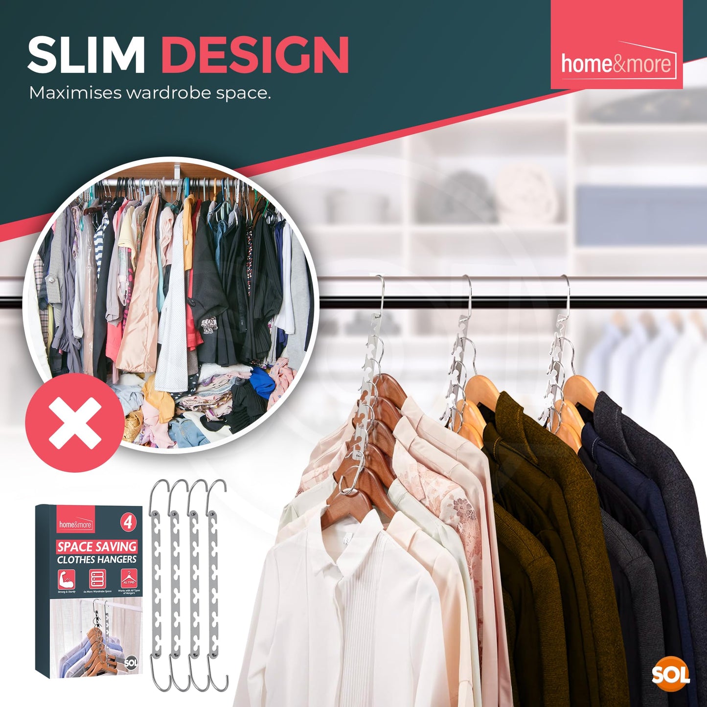 SOL 4pk Space-Saving Hangers - Multi Coat Anti-Slip Wardrobe Organiser
