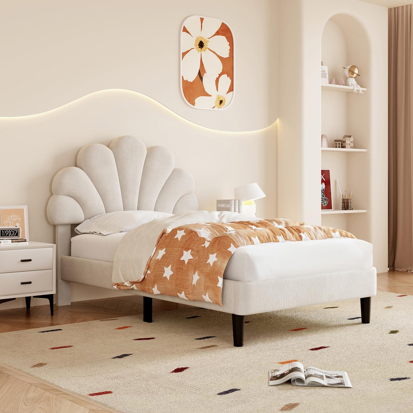Ball & Cast Single bed frame, 3ft Single Upholstered Bed, Adjustable Chic Petal Headboard, Sturdy Wooden Slat Support, Velvet Fabric (No Mattress)