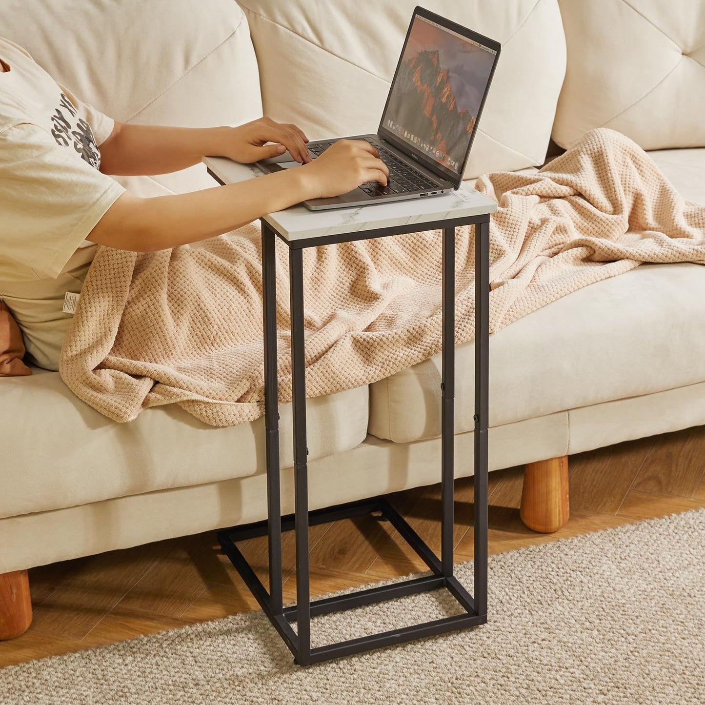 Aibiju C Shaped End Table, Slide and Sofa Table, Bedside Snack Table with Steel Frame for Living Room, Bedroom