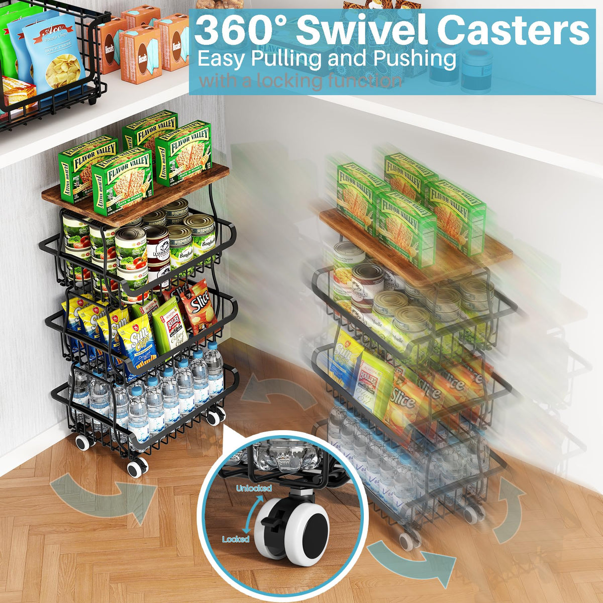 4 Tier Pantry Organisers and Storage Cart with Rolling Wheels, Stackable Metal Baskets for Pantry Shelves