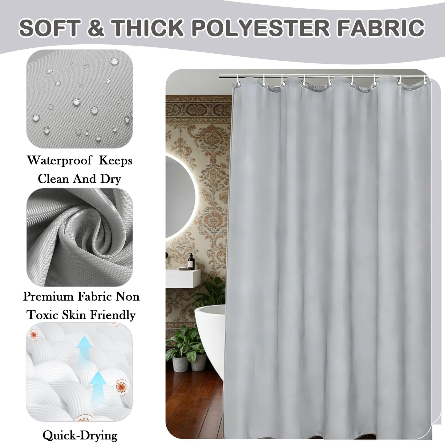 AmzDaKai Shower Curtain PEVA, Waterproof Anti-Mould Bath Curtain with Weight Tape & 12 Hooks, 180x180 cm (71x71 Inch) for Bathroom (Grey)
