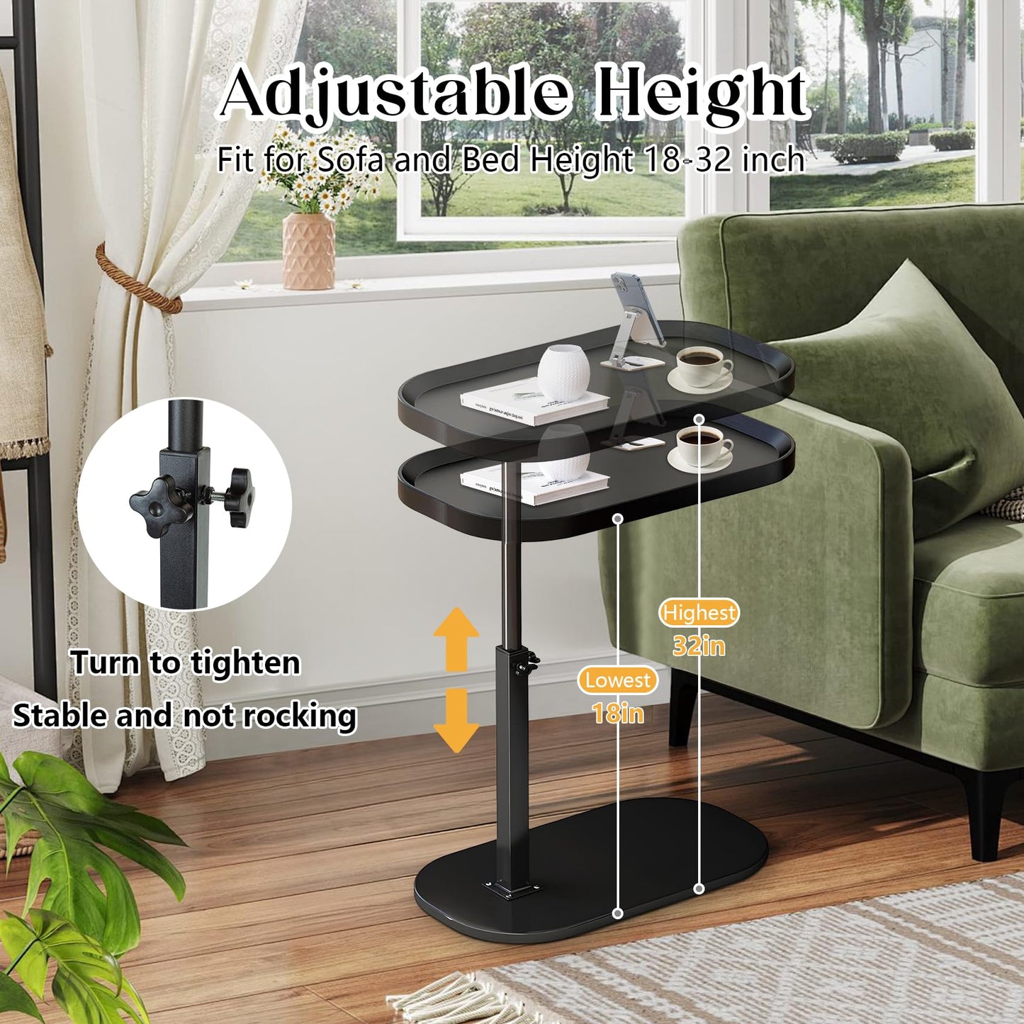 XUDREZ Adjustable C Shaped Side Table, 360°Swivel C Shaped End Table, Couch Side Tables That Slide Under