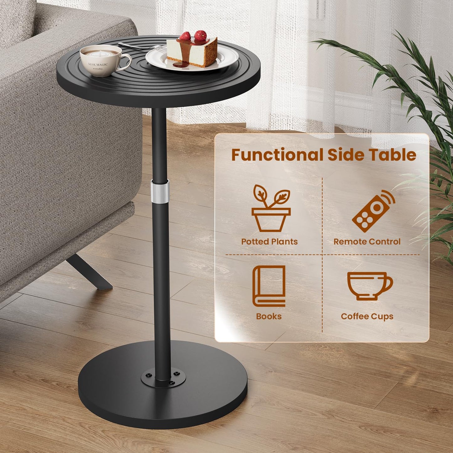 Small Side Table, Adjustable-Height Round Drink Table for Small Space