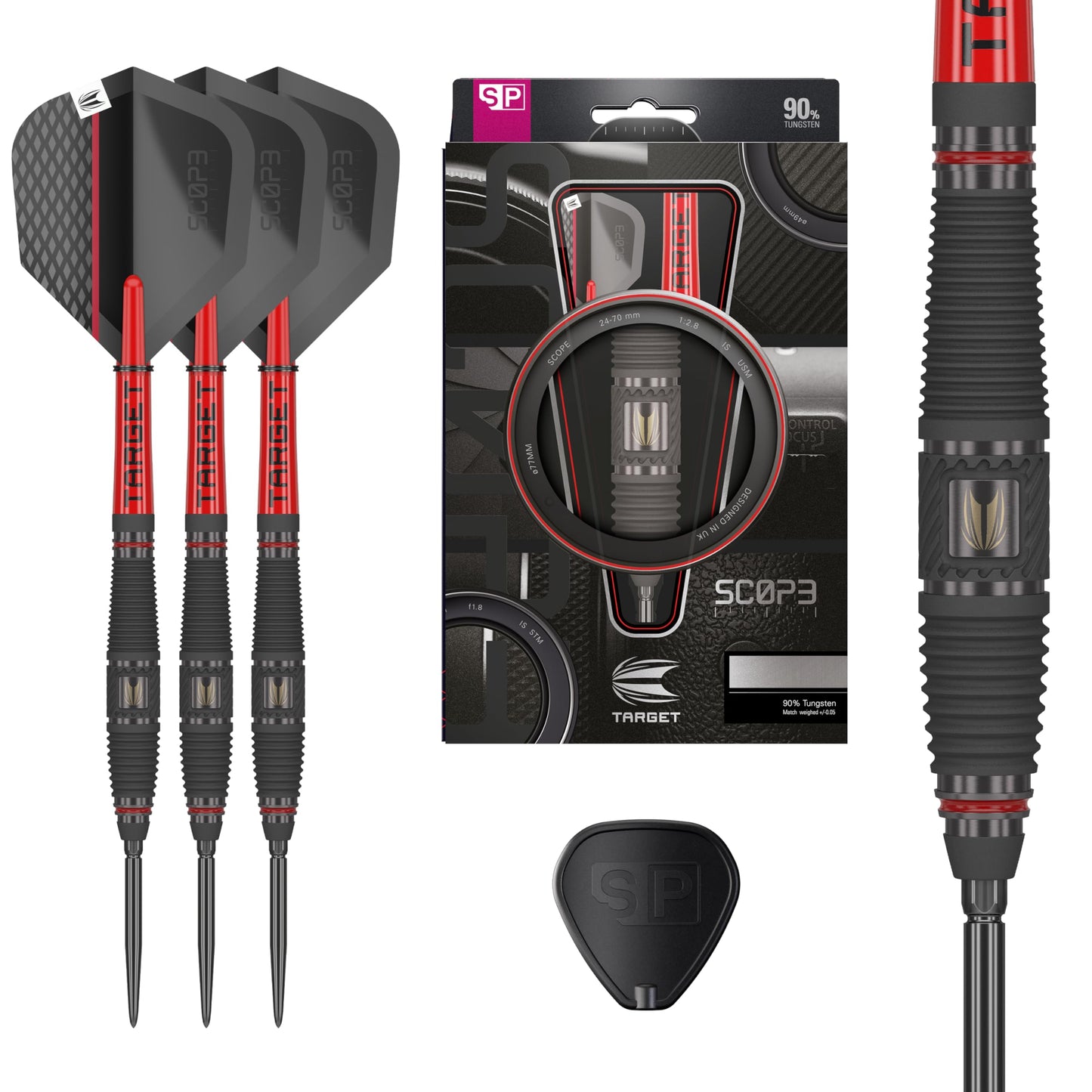 TARGET Darts Scope Steel Tip Swiss Point Darts, 90% Tungsten Dart Set, Barrel 03-25G | Steel Tip Dart Sets, Red & Black Darts, Professional Dart Set