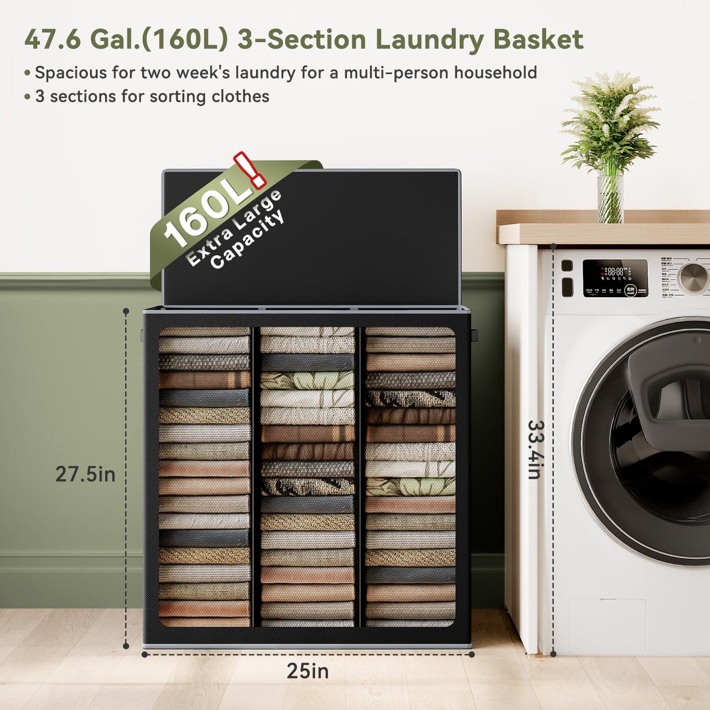 SOLEDI 160L 3 Section Washing Basket with Lid, Dirty Clothes Hamper and Laundry Bags, Large Hamper Organizer for Laundry Room, Bedroom, Black