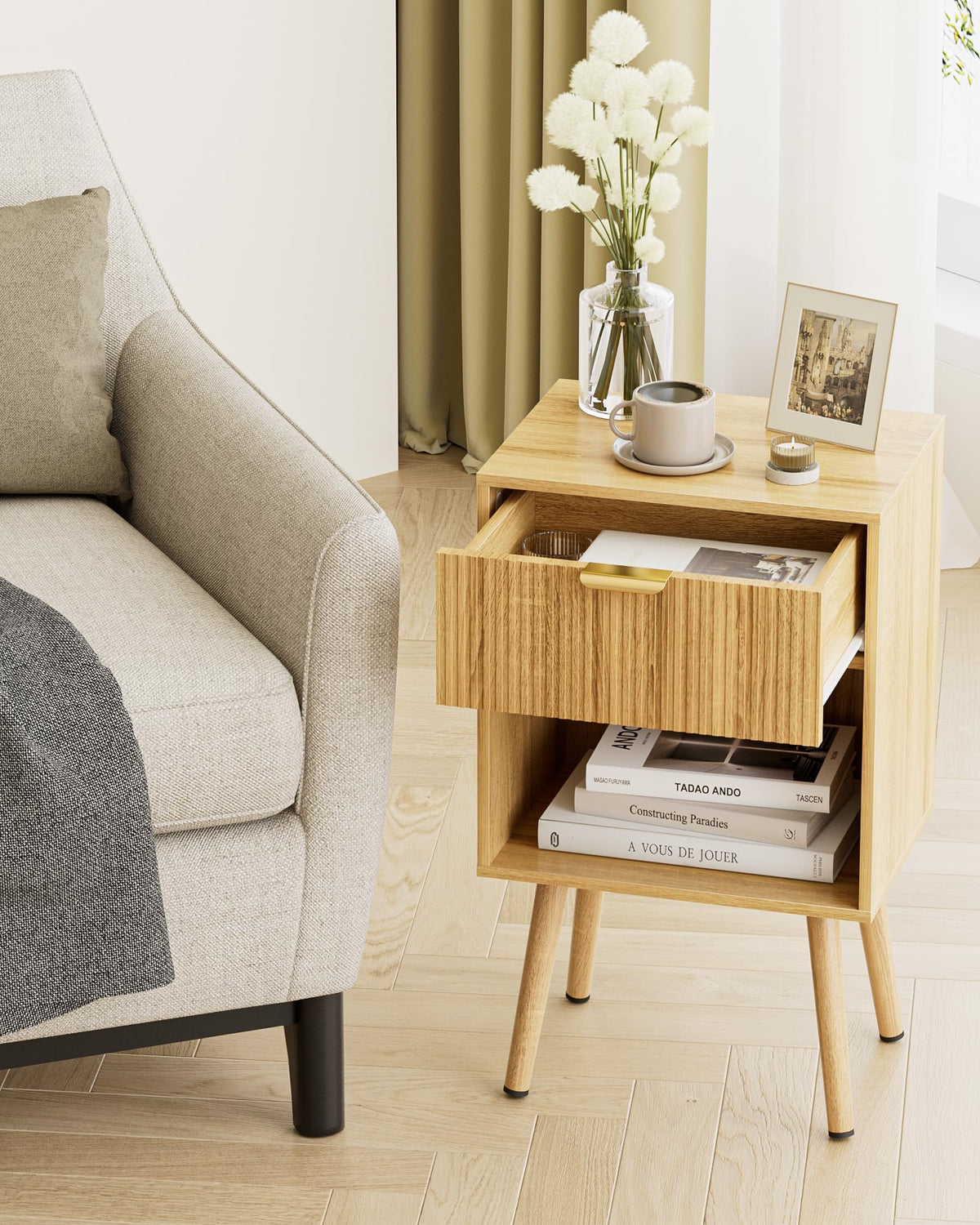 Apetaccat Bedside Table, Nightstand with Drawer and Storage Shelf, Oak