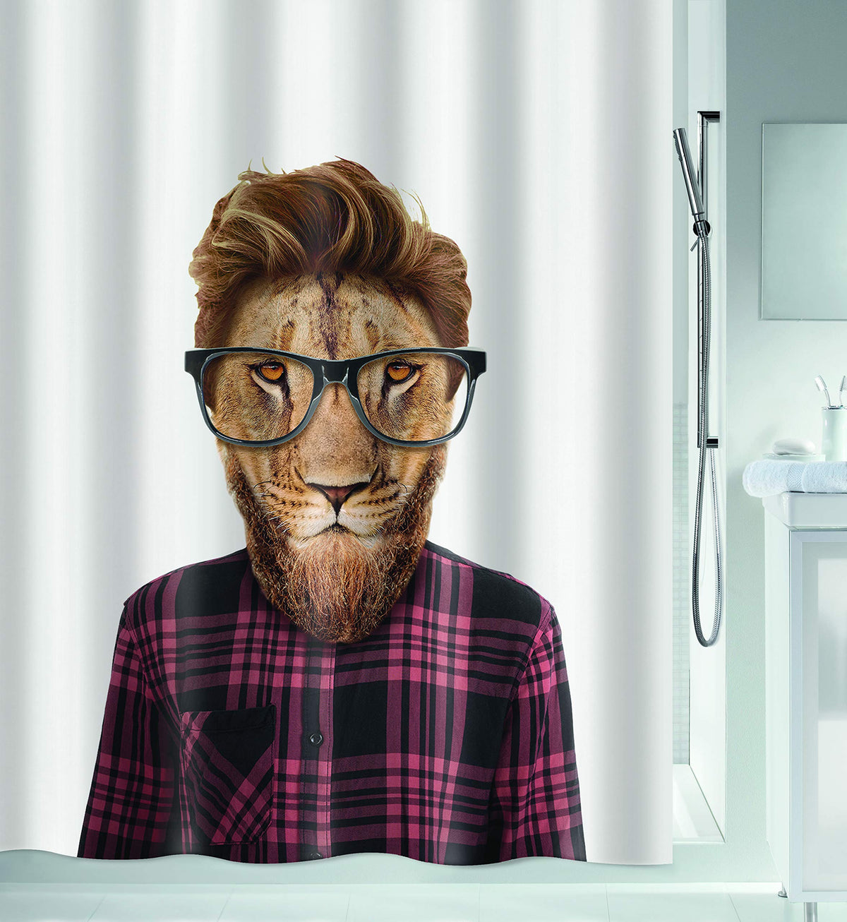Spirella Anti-Mould Shower Curtain - Anti-Bacterial, Washable, Waterproof - Polyester, Smart Lion 180 x 200 cm Lion White
