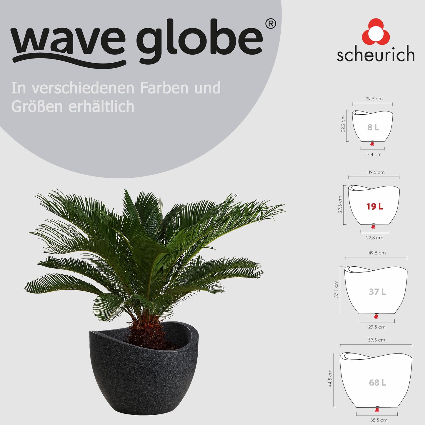 Scheurich Wave Globe, Planter made of Plastic, Black-Granite, 40 cm diameter, 30 cm height, 19 l Vol.