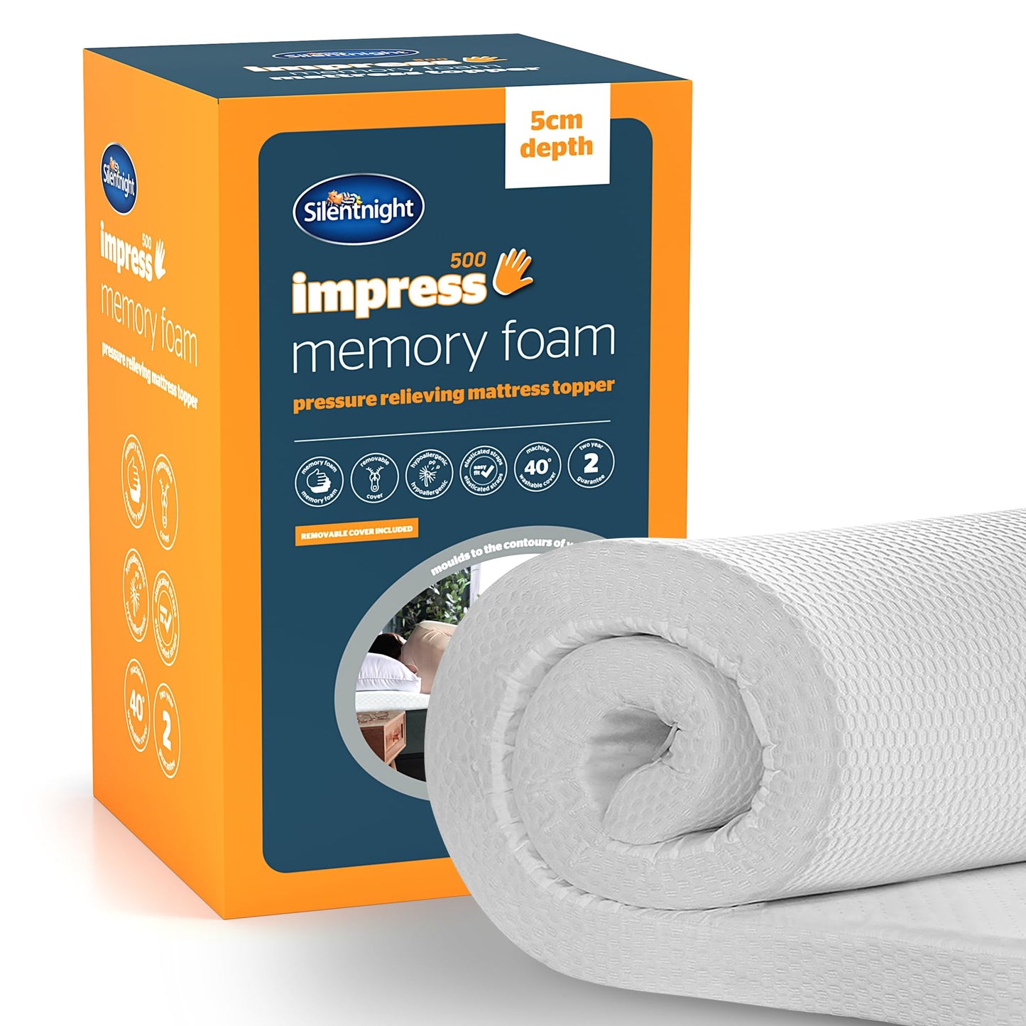 Silentnight Impress Memory Foam - 5cm Thick Luxury Orthopedic Mattress Topper for Back and Neck Pain - Removable Washable Cover - Small Double, White