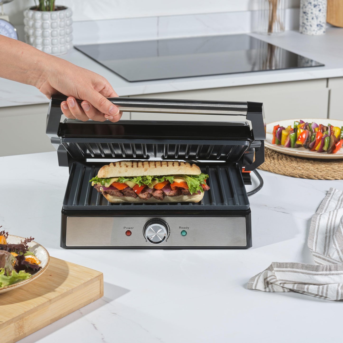 Salter Large Health Grill  Electric Panini Maker, Sandwich Toaster, Non-Stick Ceramic Plates, Opens Flat (180) for Extra Cooking Space, PFAS-Free,