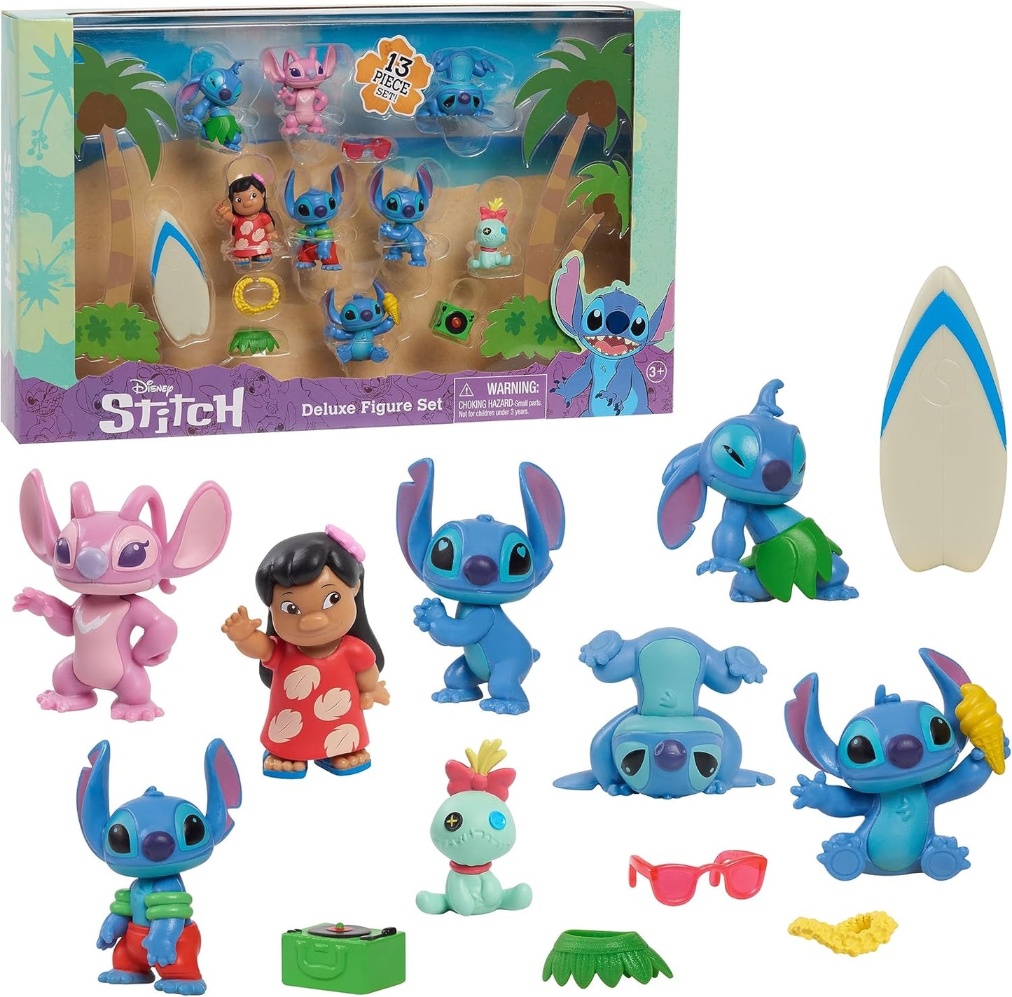 Stitch Deluxe Figure Set 7cm, New but missing surf board & grass skirt, opened, scruffy box