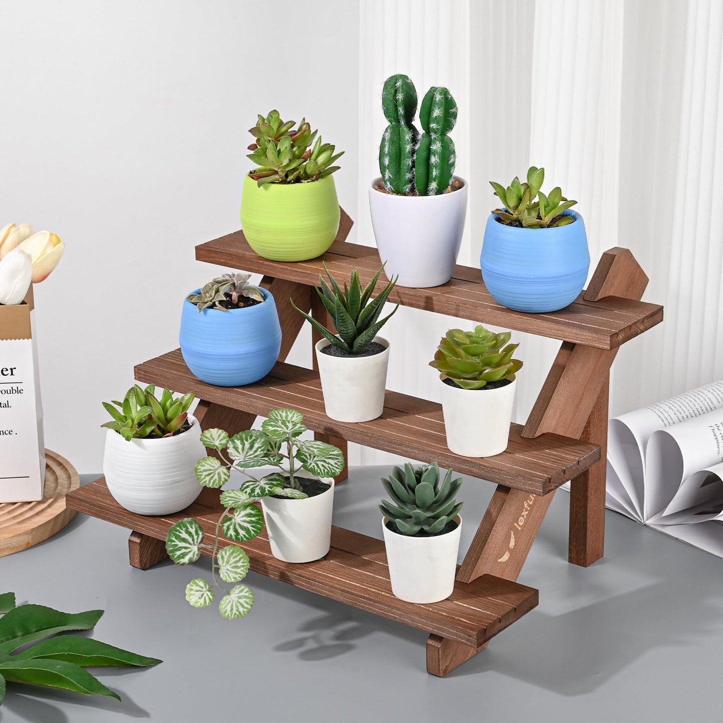 LEXFUNN Wooden Jewellery Display Rack Stand Earring Stall Stand Organizer Shelf 3/4 Tier (3 Tier - Brown)