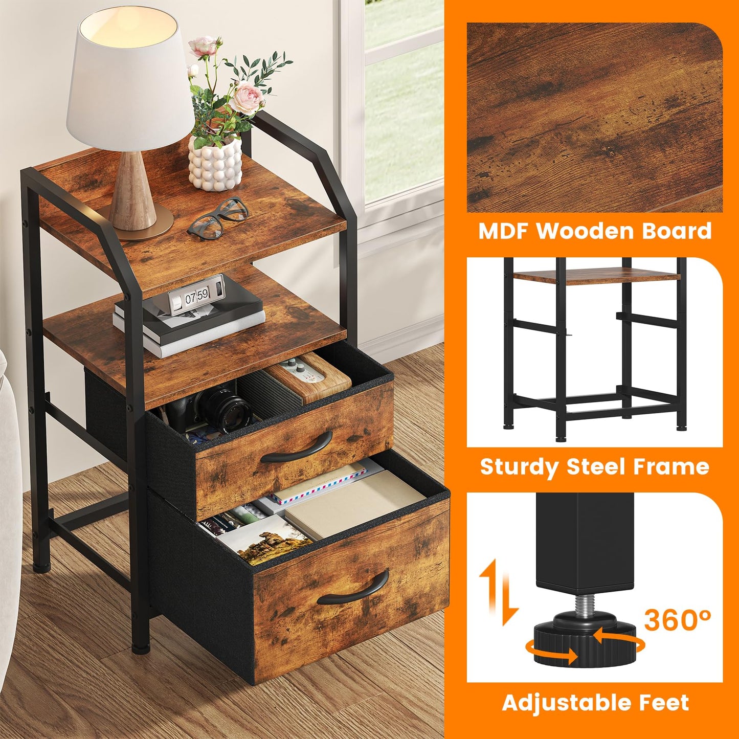 Feonase Set of 2 Bedside Table with 2 Fabric Drawers & Open Shelf - Sturdy Metal Frame Nightstand, Compact End Table for Bedroom, Living Room